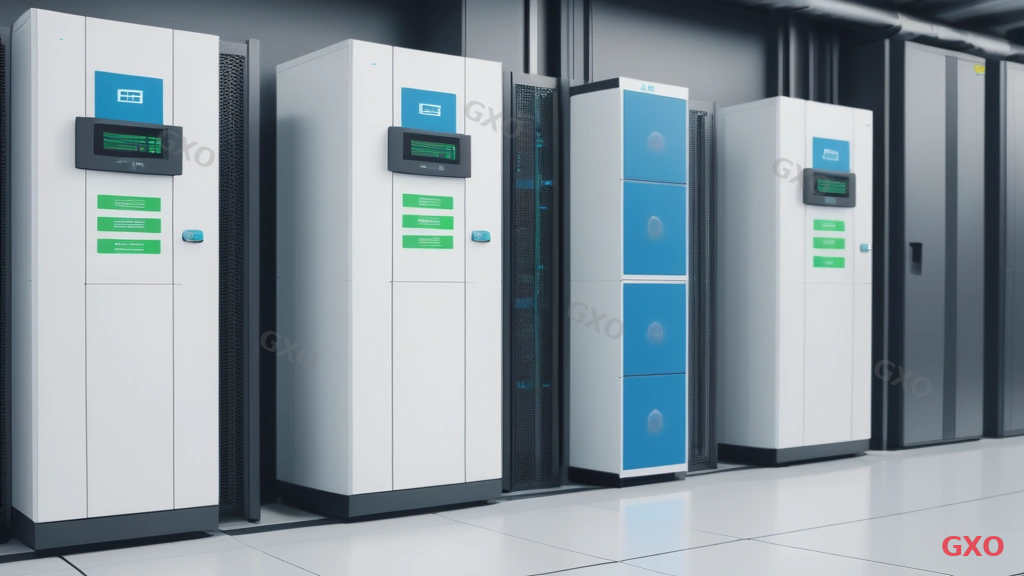 Clean comparison infographic of three UPS types for server rooms. Three columns showing: Online Double Conversion (constant inverter, highest protection, highest cost), Line Interactive (mid-range protection and cost), and Standby/Offline (basic protection, lowest cost). Each column has icons for switching time, efficiency percentage, and recommended use case. Green checkmarks for recommended features, gray X for limitations. Corporate blue and white color scheme.
