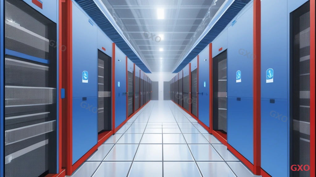 Technical diagram illustrating hot aisle and cold aisle containment in a server room. Cross-section view showing two rows of server racks facing each other, cold air flowing upward through raised floor perforated tiles into the cold aisle, hot exhaust air rising from server backs into the hot aisle, then returning to precision cooling units. Temperature indicators showing 18-27C in cold aisle and 35-45C in hot aisle. Blue arrows for cold air, red arrows for hot air. Clean engineering drawing style.