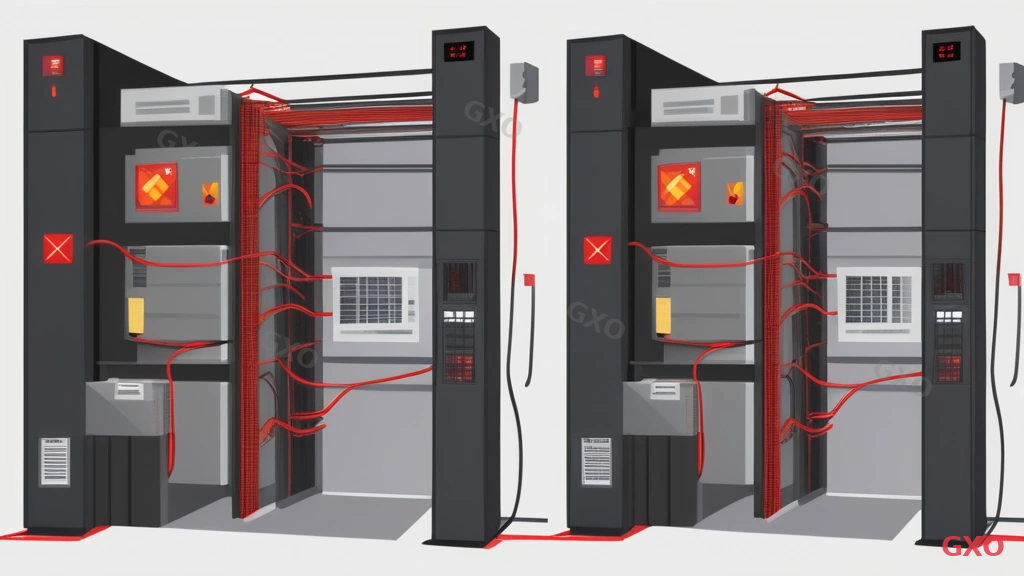 Illustration showing four common server room installation mistakes in a 2x2 grid layout. Top-left: server overheating with red temperature warning and no cold aisle separation. Top-right: power outage with no UPS showing servers going dark. Bottom-left: floor cracking under overloaded rack with weight warning symbol. Bottom-right: tangled cable mess making troubleshooting impossible. Each quadrant has a red X mark and brief Japanese caption. Warning-themed illustration with red and orange tones on white background.