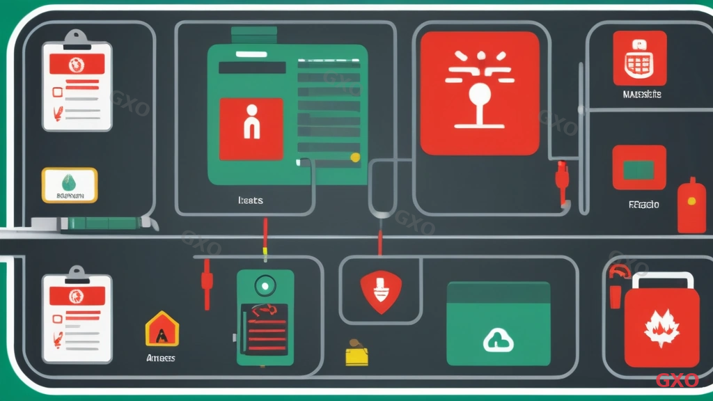 Security and disaster prevention checklist infographic for server rooms. Three sections with icons: Access Control (key/lock icon, 3 items including card reader and biometrics), Fire Prevention (fire extinguisher icon, 3 items including gas suppression and smoke detection), Environmental Monitoring (dashboard icon, 3 items including sensors and alerts). Professional layout with red accent for critical items, amber for important, green for recommended. Printable document format.