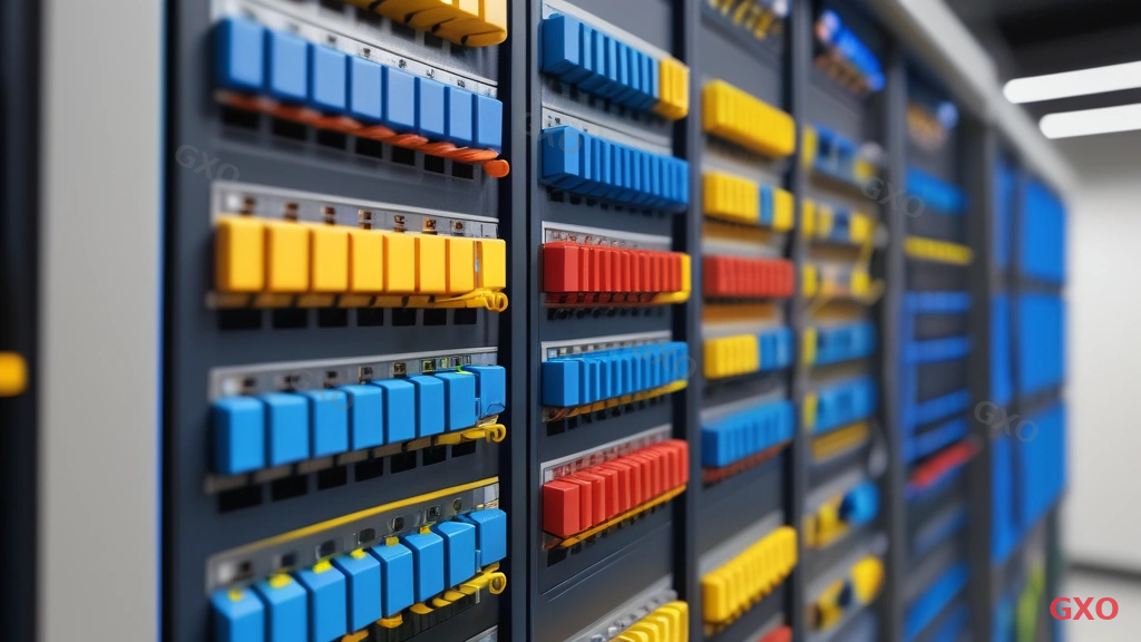 Photo-realistic image of structured cabling system in a server room. Neatly organized patch panel with color-coded Cat6A Ethernet cables (blue for data, yellow for management, red for critical systems). Cable management trays running overhead with labeled cable bundles. Fiber optic patch panel section with LC connectors and orange multimode fiber cables. Clear labeling system visible on each cable and port. Professional lighting highlighting the organized cable management.