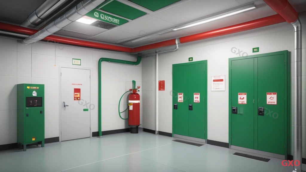 Technical illustration of gas-based fire suppression system in a server room. Cutaway view showing ceiling-mounted gas nozzles, smoke detector on ceiling, heat detector, manual release panel on wall near exit, gas cylinder storage area adjacent to server room. Gas discharge path shown with green arrows filling the room. Warning sign and evacuation route marked. Clean technical illustration style with safety-themed red and green accent colors.
