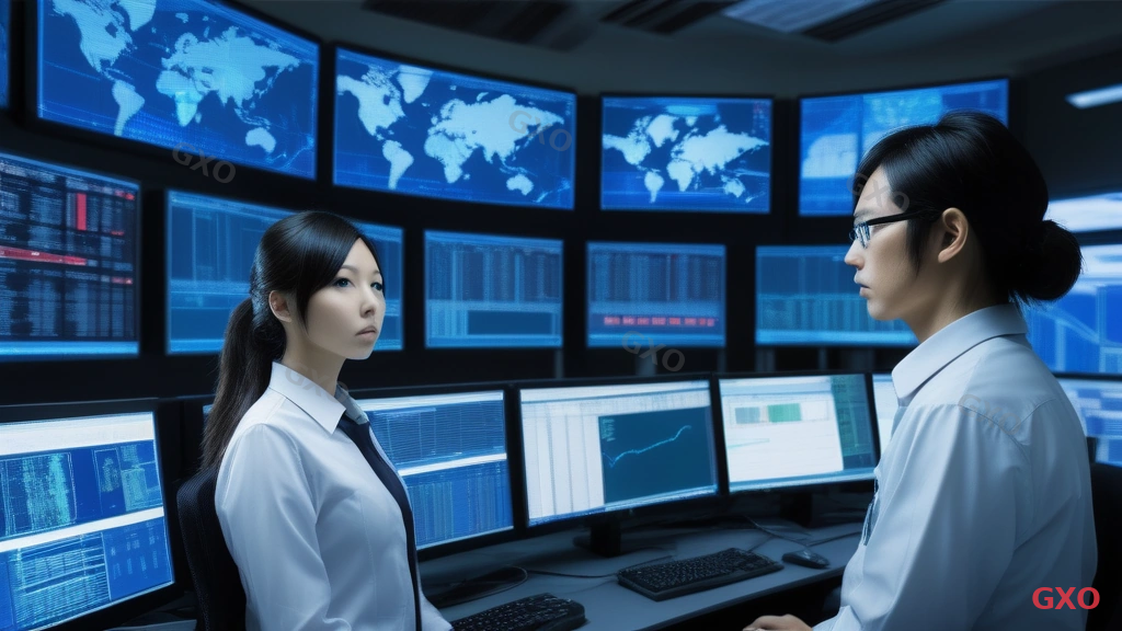 Photo-realistic image of a 24/7 network operations center (NOC) in Japan. Multiple monitors displaying server health dashboards, network topology maps, and alert systems. Two engineers (one Japanese female in her 30s, one Japanese male in his 40s) monitoring screens actively. Room has dim ambient lighting with screens providing blue glow. Red alert notification visible on one screen. Conveying round-the-clock monitoring and critical incident management for mission-critical systems.