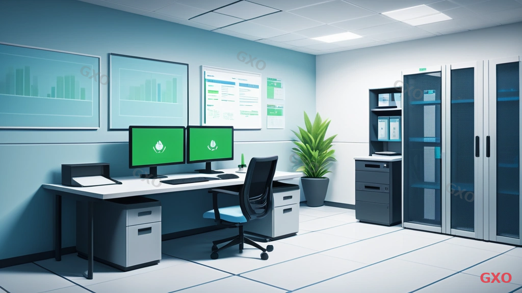 Clean modern illustration of a typical office environment suitable for Tech Care Basic level support. Scene shows a small server closet or IT room with 2-3 servers, a desktop workstation nearby. A calendar icon highlights 'Next Business Day' response. Calm, low-urgency atmosphere with green status indicators. Simple icons show: phone support during business hours, next-day onsite repair, basic monitoring. Light blue and white color scheme with subtle grid background.