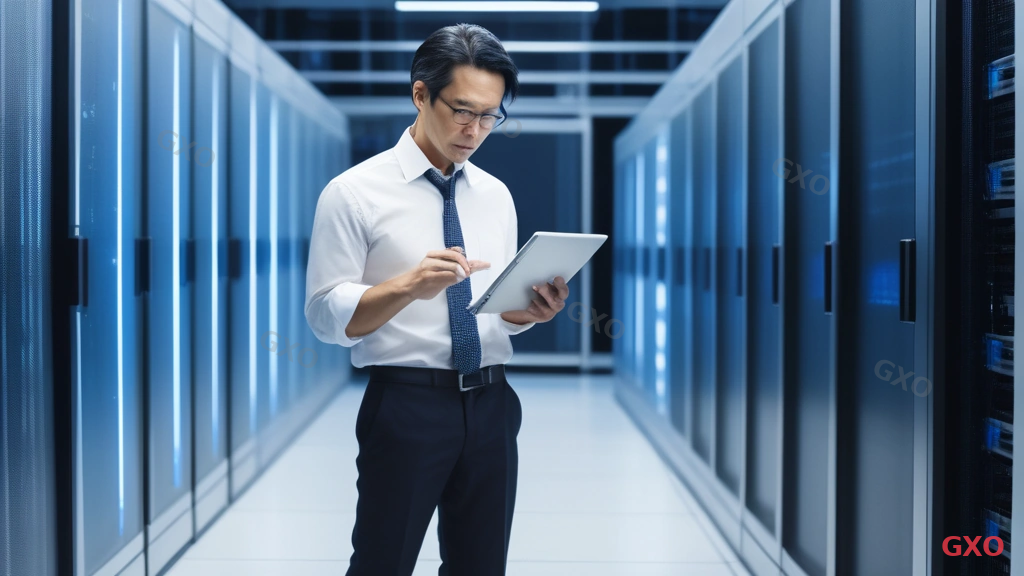 Photo-realistic image of a Japanese IT manager (male, early 40s, wearing a white dress shirt with rolled-up sleeves) standing in a modern server room, examining an HPE ProLiant server rack. The server room has clean cable management, blue LED status lights on servers, and cool ambient lighting. A tablet in his hand displays a maintenance contract checklist. Professional and focused atmosphere, conveying careful hardware maintenance planning and decision-making.