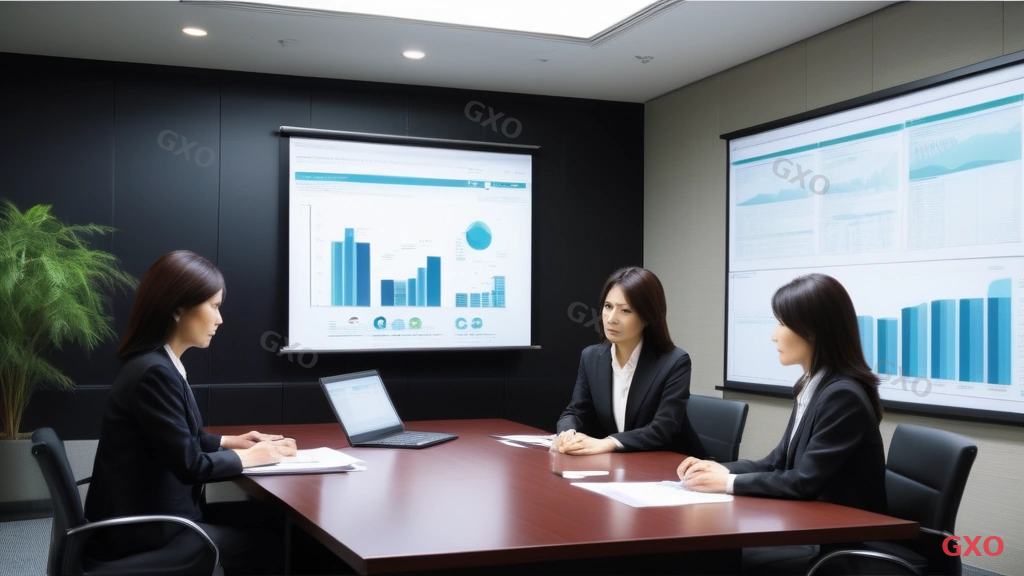 Photo-realistic image of a Japanese business presentation scene. A female IT manager (Japanese, mid-40s, wearing a dark blazer) presenting a maintenance plan to two senior executives in a conference room. Projector screen shows a comparison table of maintenance costs vs downtime losses. Documents on the table include printed proposals with charts. Professional meeting room with warm lighting, potted plant in corner. Conveying internal approval process and executive communication for IT maintenance budgets.