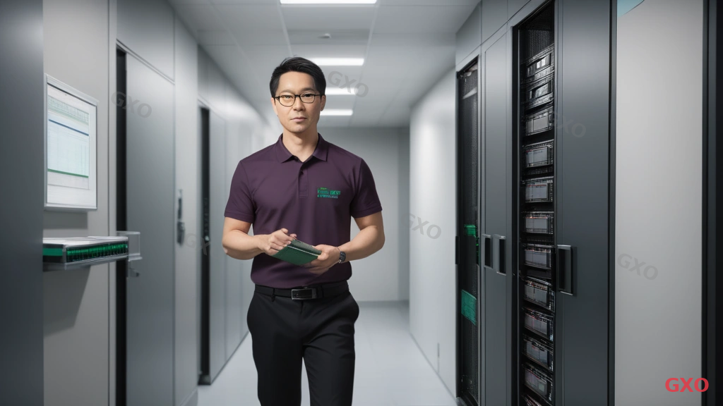 Photo-realistic image of an HPE service engineer (Japanese male, late 30s, wearing HPE branded polo shirt) arriving at a corporate server room with a replacement parts case. The server room has multiple rack-mounted servers with amber warning lights on one unit. A wall clock shows 4-hour window. Urgent but professional atmosphere, good overhead lighting, clean environment. Emphasizing rapid 4-hour onsite response for business-critical systems.