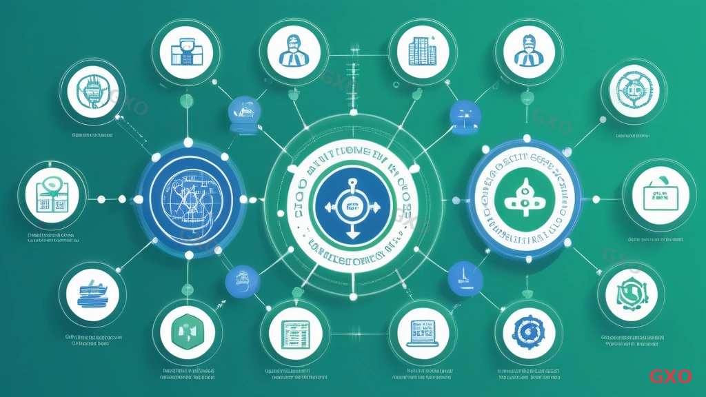 Clean modern illustration showing GXO's IT infrastructure support service overview. Central GXO logo with radiating service lines connecting to: server maintenance consulting, multi-vendor coordination, cost optimization analysis, and ongoing support. Surrounding icons represent different industries served (manufacturing, finance, healthcare). Professional blue and white color scheme with GXO brand green accent. Conveying trusted partnership and comprehensive IT infrastructure management expertise.