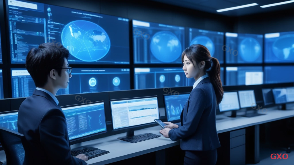 HCI運用管理の現場イメージ Photo-realistic image of a Japanese IT operations team (2 people, male and female, ages 30-45) monitoring HCI infrastructure on large screens in a network operations center. Multiple dashboards showing cluster health, alerts, and performance metrics. Clean modern office with ambient blue lighting. One person using a tablet for mobile management. Highlighting ease of operation and unified monitoring across platforms.