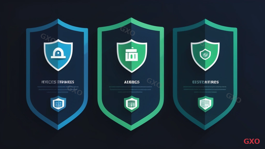 3製品のセキュリティ機能比較 Professional infographic showing security feature comparison across three HCI platforms. Shield icons representing encryption, access control, and audit capabilities for each platform. Zero trust architecture diagram with micro-segmentation layers. Compliance badges and security certification icons. Dark background with green and blue security-themed accent colors. Clean corporate security visual style.