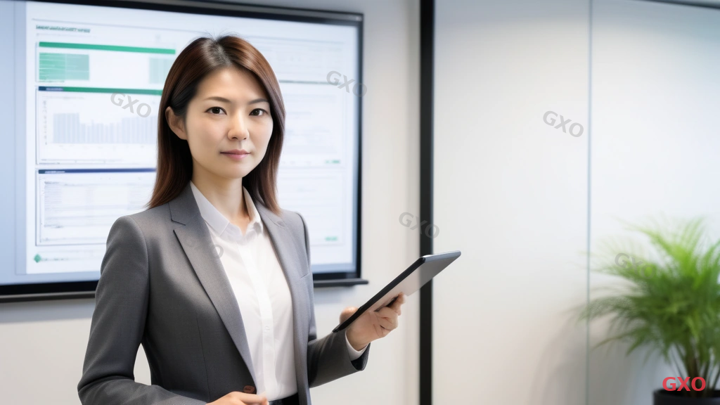 Photo-realistic image of a confident Japanese IT professional (female, late 30s, business casual) standing in front of a digital whiteboard in a modern office. The whiteboard displays IT strategy keywords: 'DX Planning', 'Vendor Evaluation', 'Security Policy', 'Budget Planning'. She holds a tablet and looks engaged in strategic thinking. Bright, modern Tokyo office with plants and natural light. The atmosphere conveys the shift from reactive maintenance to proactive strategic planning.