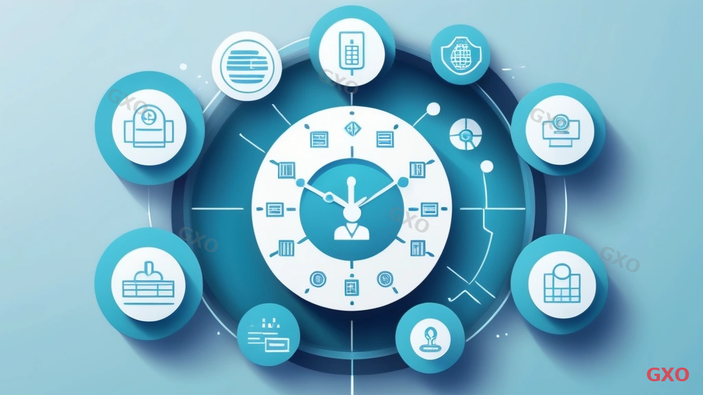 Clean modern illustration showing five key benefits of IT outsourcing arranged in a circular layout. Center: a relieved Japanese IT administrator. Surrounding icons: 1) Clock with checkmark (time savings), 2) Shield with lock (security expertise), 3) Yen symbol with down arrow (cost optimization), 4) Team of specialists (access to expertise), 5) Upward graph (focus on strategic work). Professional blue and teal color scheme, corporate Japanese style, light background.