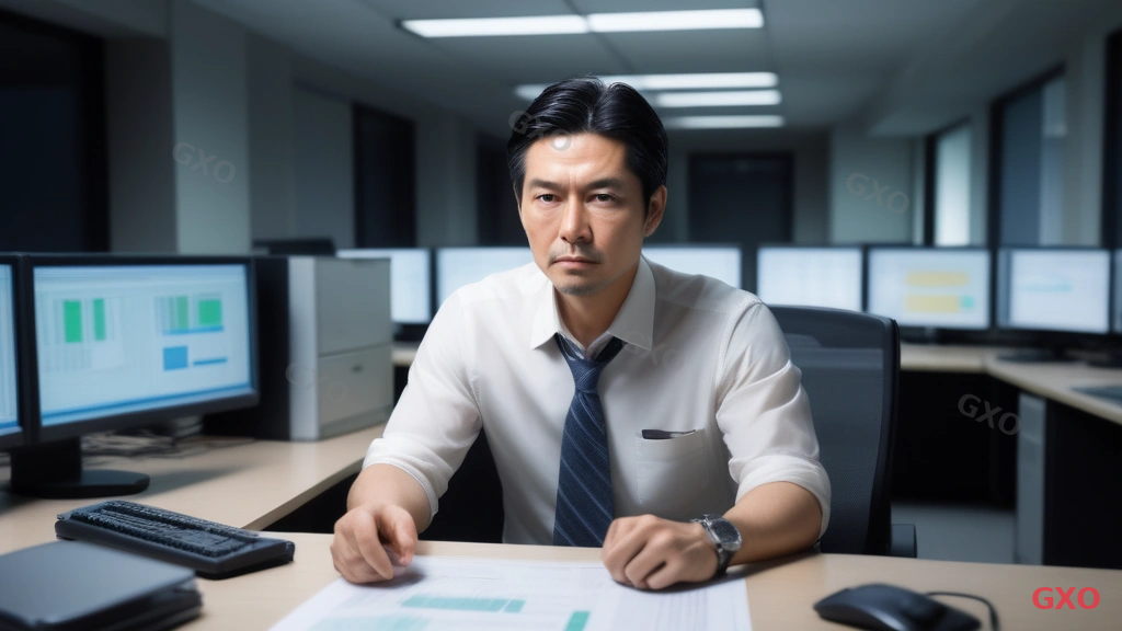 Photo-realistic image of a Japanese IT administrator (male, early 40s, wearing business casual with rolled-up sleeves) sitting alone at a desk surrounded by multiple monitors showing server dashboards, network diagrams, and alert notifications. The office is a typical mid-sized Japanese company with fluorescent lighting. His expression shows determination mixed with fatigue. On the desk: sticky notes, a ringing phone, and a coffee cup. The scene conveys the overwhelming workload of a solo IT department managing all infrastructure alone. Warm indoor lighting, realistic office atmosphere.
