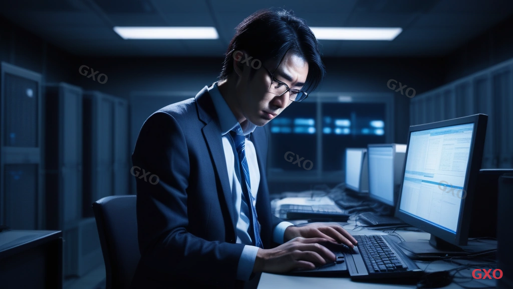 Photo-realistic image of a tired Japanese office worker (male, late 30s, loosened tie) working late at night in a dimly lit server room. Multiple server racks with blinking LED lights in the background. He is holding a phone to his ear while typing on a laptop, looking stressed. Papers scattered around. The clock on the wall shows 11 PM. Conveying the reality of after-hours emergency response for a solo IT administrator. Cool blue server room lighting mixed with warm laptop glow.