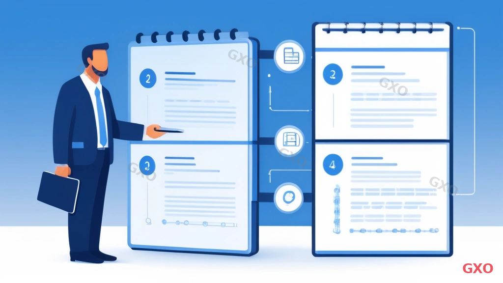 Technical diagram illustrating a 5-step implementation flow for IT outsourcing adoption. Steps shown as connected boxes flowing left to right: Step 1 'Task Inventory' (clipboard icon), Step 2 'Requirements Definition' (document icon), Step 3 'Vendor Selection' (magnifying glass icon), Step 4 'Trial Period' (calendar icon), Step 5 'Contract Signing' (handshake icon). Each step has 2-3 bullet points underneath. Progress bar at bottom. Clean corporate blue design with numbered circles.