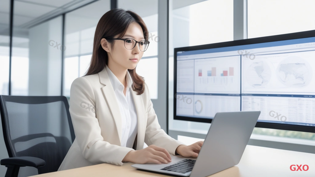 Photo-realistic image of a Japanese IT manager (female, mid-30s, smart casual attire) in a bright modern office, reviewing a monthly report on her laptop screen. Behind her, a whiteboard shows a simple organizational chart connecting 'Internal IT' with 'Outsourcing Partner'. She looks focused and in control. Natural daylight from large windows, organized desk with one monitor showing a dashboard. Conveying the supervisory role of an internal IT person after outsourcing.