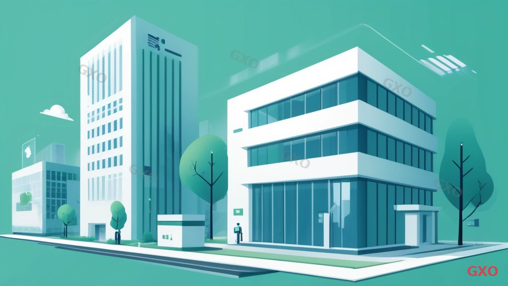 Clean modern illustration showing the concept of IT infrastructure outsourcing. On the left side, a small office building labeled 'Your Company' with a single person icon. An arrow flows to the right side showing a professional IT service provider building with a team of specialists. Between them, icons represent different services: server management, network monitoring, security, help desk. Color scheme: professional blue and white with accent green. Minimalist Japanese business style.