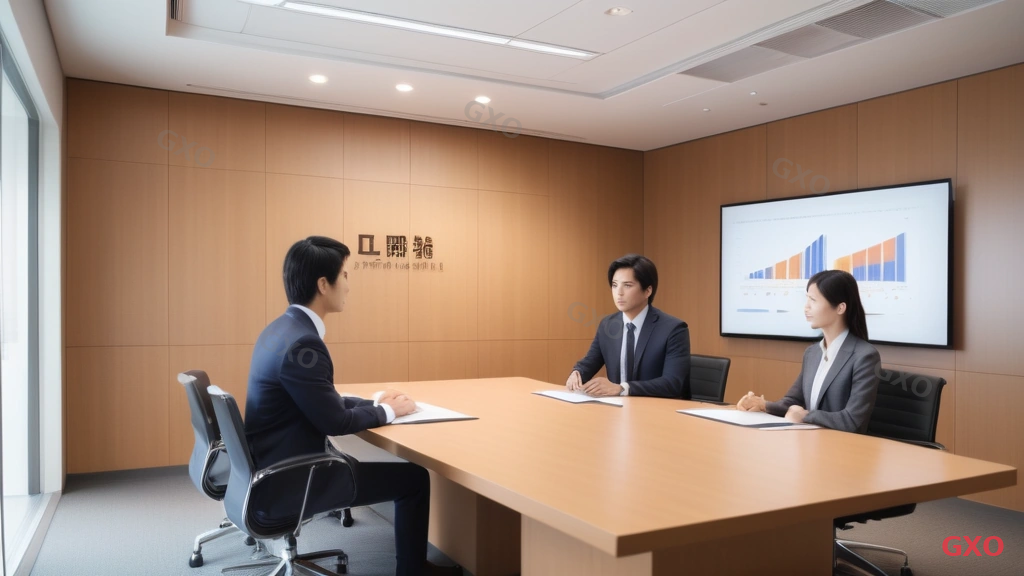 Photo-realistic image of a Japanese business presentation scene. A young IT administrator (male, early 30s, neat suit) presenting to two senior executives (male and female, 50s, sitting at a conference table) in a well-lit meeting room. The presenter points at a screen showing a simple cost comparison chart and risk assessment. Executives are engaged and taking notes. Professional meeting room with wood accents, subtle company logo on wall. Warm confident atmosphere conveying successful internal pitch.