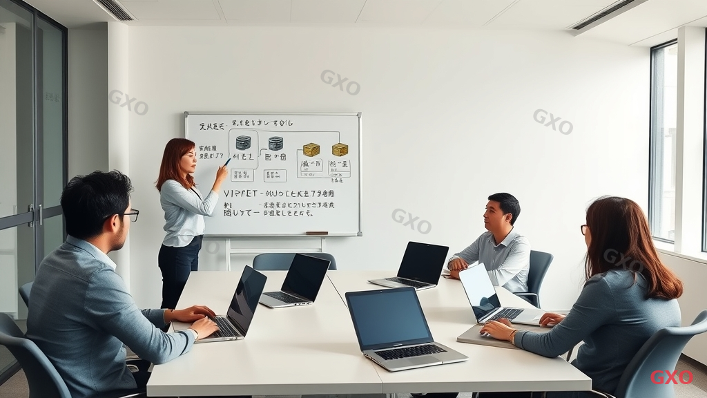 Photo-realistic image of a Japanese IT training session in a bright modern conference room. An instructor (female, late 30s, smart casual) pointing at a whiteboard with server architecture diagrams. Five trainees (mixed gender, 30s-40s) sitting at a U-shaped table with laptops, taking notes. Whiteboard shows virtualization management concepts. Natural lighting from large windows, collaborative learning atmosphere.