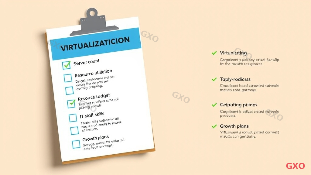 Professional checklist infographic for virtualization readiness assessment. Paper clipboard design with 8 checklist items, each with a checkbox and descriptive text. Categories include: server count, resource utilization, budget, IT staff skills, compliance requirements, and growth plans. Some boxes checked in green, others unchecked. Warm professional design with blue header, white body, subtle shadow effect, business presentation quality.