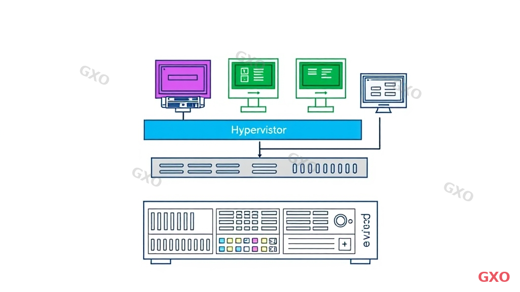 Technical diagram illustrating hypervisor architecture in server virtualization. Bottom layer shows physical hardware (CPU, memory, storage, network), middle layer shows the hypervisor software, and top layer shows three virtual machines each with their own OS and applications. Clean line art style with labeled components, using blue for hypervisor layer, gray for hardware, and green/orange/purple for different VMs. White background, professional technical documentation style.