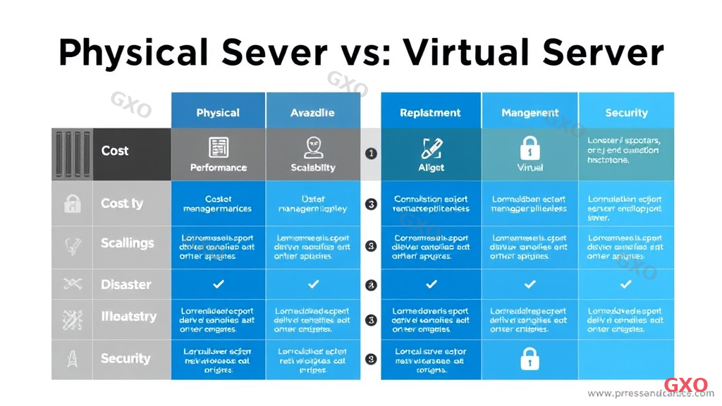 Professional comparison infographic: Physical Server vs Virtual Server. Six comparison categories shown in horizontal rows: Cost, Performance, Scalability, Disaster Recovery, Management Complexity, and Security. Each row has icons and brief text for both physical and virtual approaches. Physical server side in gray/dark tones, virtual server side in blue/bright tones. Balanced design showing pros and cons of each, modern clean layout, white background.
