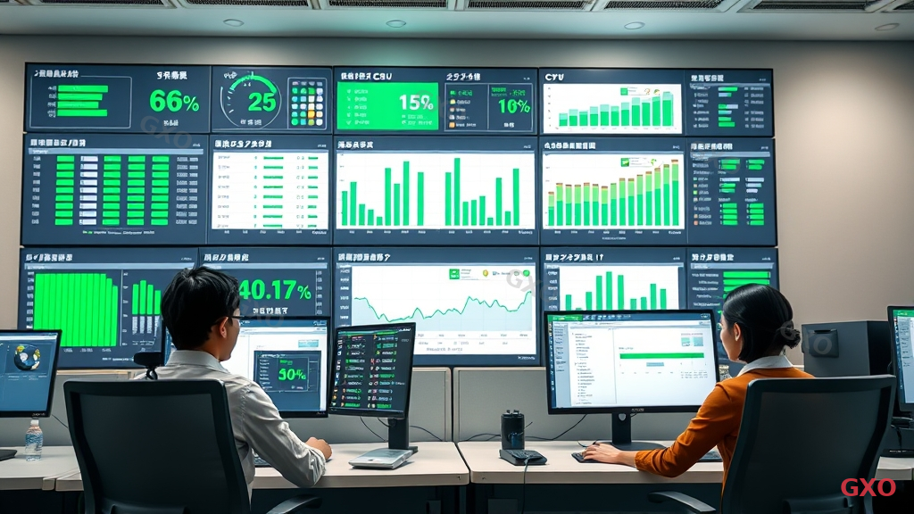 Photo-realistic image of a Japanese IT operations center with a large wall-mounted monitoring dashboard showing server status, CPU usage graphs, and memory allocation charts. Two IT professionals (male and female, early 30s, business casual) sitting at workstations with dual monitors. The dashboard shows green status indicators and organized grid layout. Modern office with ambient lighting, clean desk setup, highlighting centralized management and automation.