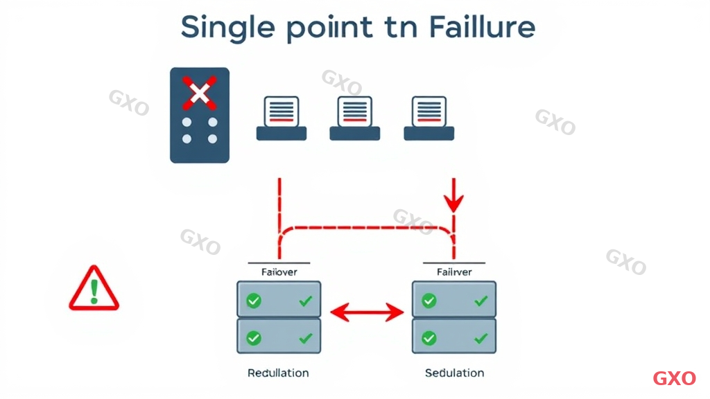 Illustration showing single point of failure risk in virtualization. Top diagram shows one physical server hosting 5 VMs, with a red X on the physical server causing all 5 VMs to fail simultaneously. Bottom diagram shows the solution: redundant physical servers with failover arrows, showing automatic migration of VMs. Warning triangle icons and green checkmark icons. Clean modern style, red for risk, green for solution, white background.