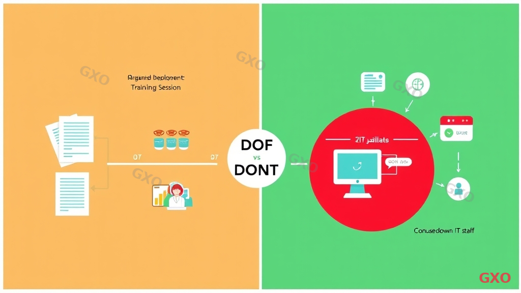 Split-screen illustration showing success vs failure patterns in server virtualization projects. Left side (green background): organized planning documents, phased timeline, team training session, monitoring dashboard. Right side (red background): rushed deployment, single point of failure, confused IT staff, system downtime alert. Center dividing line with 'DO' and 'DON'T' labels. Modern flat design, contrasting green and red halves, clean icons, white border.