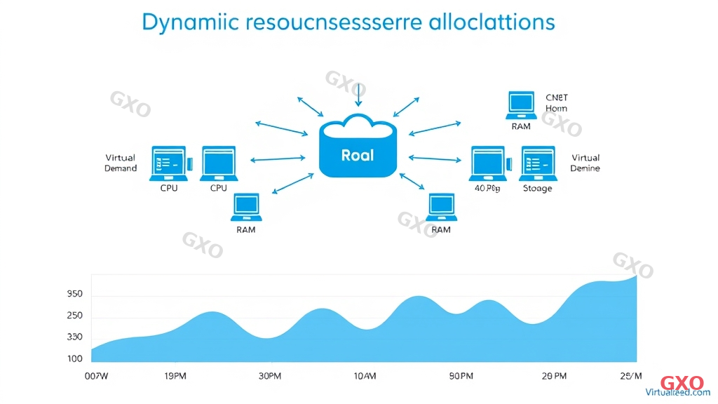 Professional infographic showing dynamic resource allocation in virtualized environment. Center shows a resource pool (CPU, RAM, Storage) with arrows distributing to multiple virtual machines of varying sizes. A time-based graph at bottom shows demand fluctuation with resources scaling up during peaks and down during off-hours. Blue gradient color scheme, modern minimalist design, white background, clear data visualization.