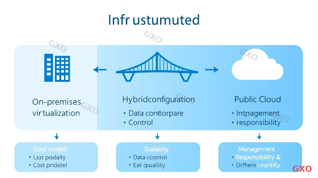 Professional diagram showing three infrastructure options: On-premises Virtualization (left, building icon), Hybrid Configuration (center, bridge icon connecting both sides), and Public Cloud (right, cloud icon). Below each option, key characteristics listed: cost model, data control, scalability, and management responsibility. Arrows showing data flow between on-premises and cloud in hybrid model. Blue-to-sky gradient color theme, modern business illustration, white background.