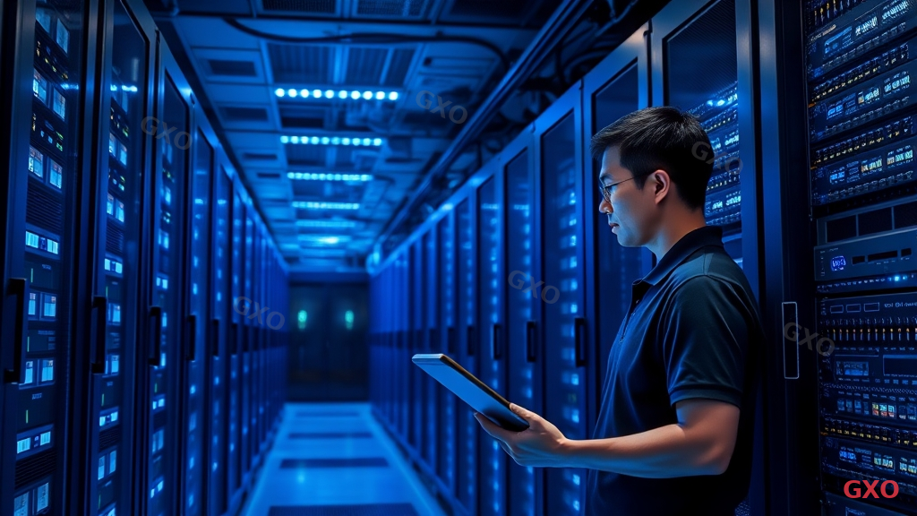 Photo-realistic image of a modern Japanese data center server room with rows of server racks illuminated by cool blue LED lights. A Japanese IT engineer in his 40s wearing a dark polo shirt is standing in front of a server rack, checking a monitoring tablet. The room has clean cable management, raised floor, and ambient blue-white lighting creating a professional high-tech atmosphere. The scene emphasizes efficiency, consolidation, and modern infrastructure management.