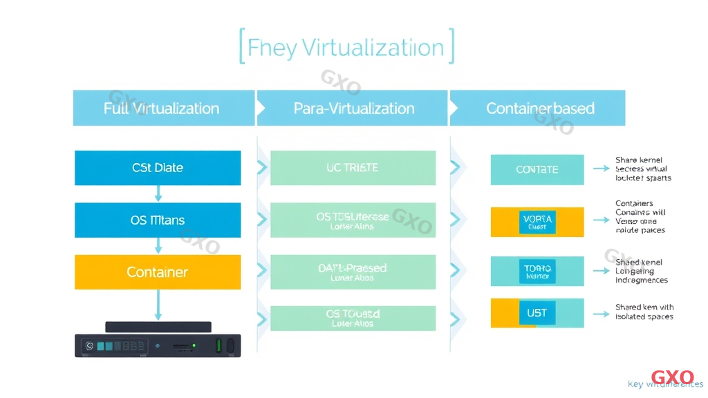Professional infographic comparing three types of virtualization side by side: Full Virtualization, Para-Virtualization, and Container-based. Each type shown as a layered stack diagram with hardware at bottom. Full virtualization shows complete OS isolation, para-virtualization shows modified guest OS, containers show shared kernel with isolated user spaces. Clean modern design with distinct colors for each type (blue, green, orange), white background, comparison arrows and key difference callouts.