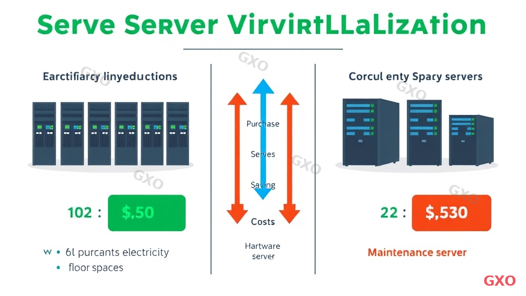 Professional infographic showing cost reduction benefits of server virtualization. Left side shows 10 physical server icons with high electricity and maintenance costs, right side shows 2-3 consolidated servers with lower costs. Center shows downward arrows with cost categories: hardware purchase, electricity, floor space, maintenance. Clean business infographic style with green for savings, red for costs, blue accents, white background.