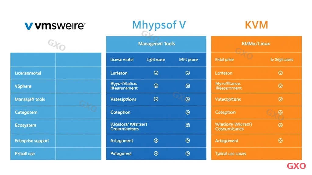 Professional comparison chart of three major virtualization platforms side by side. Three columns for VMware vSphere, Microsoft Hyper-V, and KVM/Linux. Rows showing: license model, management tools, ecosystem, enterprise support, and typical use cases. Each platform represented by a distinct color (VMware: dark blue, Hyper-V: light blue, KVM: orange). Clean table design with icons, modern business presentation style, white background.