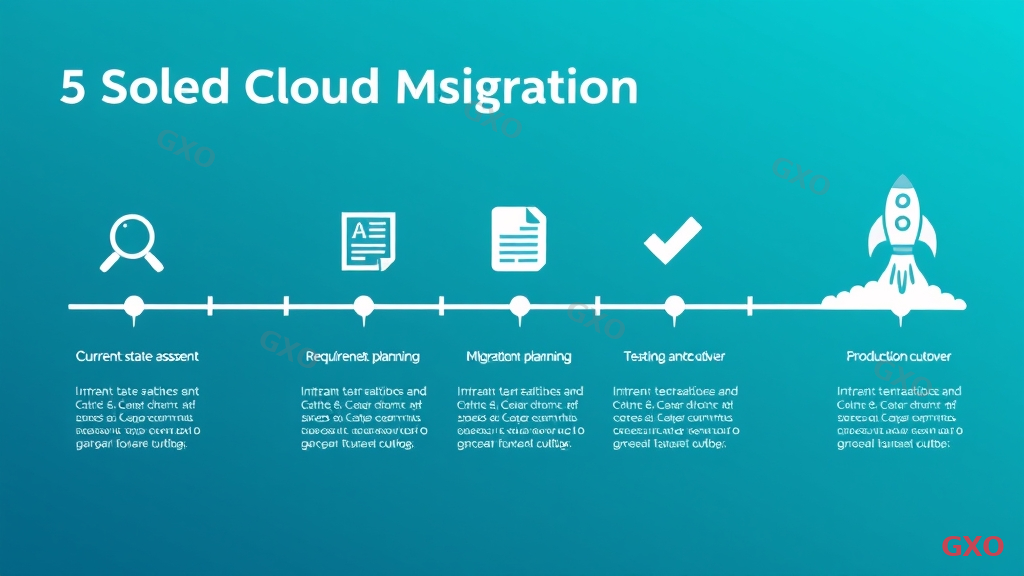 Professional infographic showing 5-step cloud migration process as a horizontal timeline. Step 1: Current state assessment (magnifying glass icon). Step 2: Requirements definition (document icon). Step 3: Migration planning (blueprint icon). Step 4: Testing and validation (checkmark icon). Step 5: Production cutover (rocket launch icon). Each step has brief descriptions and estimated timeframes below. Progress bar connects all steps. Clean corporate design with teal gradient background.