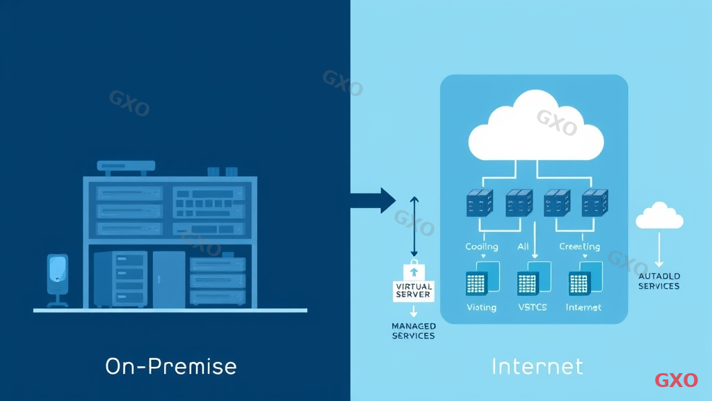 Clean modern illustration showing two contrasting IT infrastructure architectures side by side. Left side depicts on-premise setup with physical server racks, network switches, and cooling systems inside a company building. Right side shows cloud architecture with virtual servers, auto-scaling groups, and managed services connected via the internet. Arrows indicate data flow directions. Color scheme uses navy blue for on-premise and sky blue for cloud. Minimalist flat design style with clear labels in a professional business context.