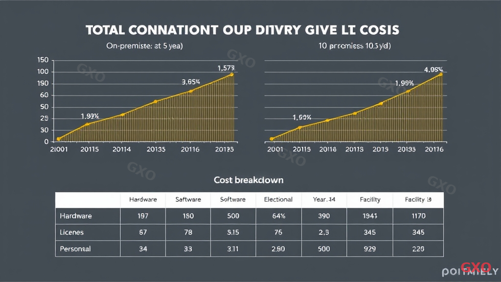 Professional infographic showing two line graphs comparing total cost of ownership over 5-year and 10-year periods. On-premise line starts high and levels off with periodic hardware refresh spikes at year 5. Cloud line starts low but steadily increases over time. A crossover point is highlighted around year 3-4. Below the graphs, a cost breakdown table shows categories: hardware, software licenses, personnel, electricity, and facility costs. Clean corporate design with gridlines and data callouts.
