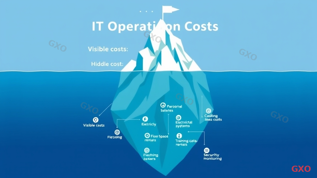 Clean modern illustration showing an iceberg metaphor for IT operation costs. Above the waterline: visible costs like hardware and software licenses. Below the waterline: hidden costs including personnel salaries, electricity bills, cooling systems, floor space rental, training costs, and security monitoring. Each cost category has a small icon and label. Cool blue ocean tones with white iceberg. Professional business illustration style for executive audience.