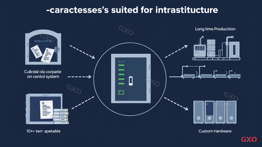 Clean modern illustration showing characteristics of companies suited for on-premise infrastructure. Central image of a secure corporate data center with biometric access. Surrounding elements include: vault with classified documents, factory production line with real-time control systems, long-term stable operation timeline (10+ years), and custom hardware configuration. Dark navy and silver color scheme conveying security and stability. Professional corporate illustration style.