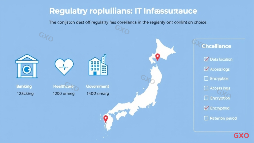Clean modern illustration showing regulatory compliance considerations for IT infrastructure choice. Icons represent different industries: banking (vault icon), healthcare (medical cross), government (building icon), and manufacturing (factory icon). Each industry has specific data residency requirements shown as location pins on a Japan map. A checklist sidebar shows compliance items: data location, access logs, encryption, retention period. Professional blue and gray color palette.