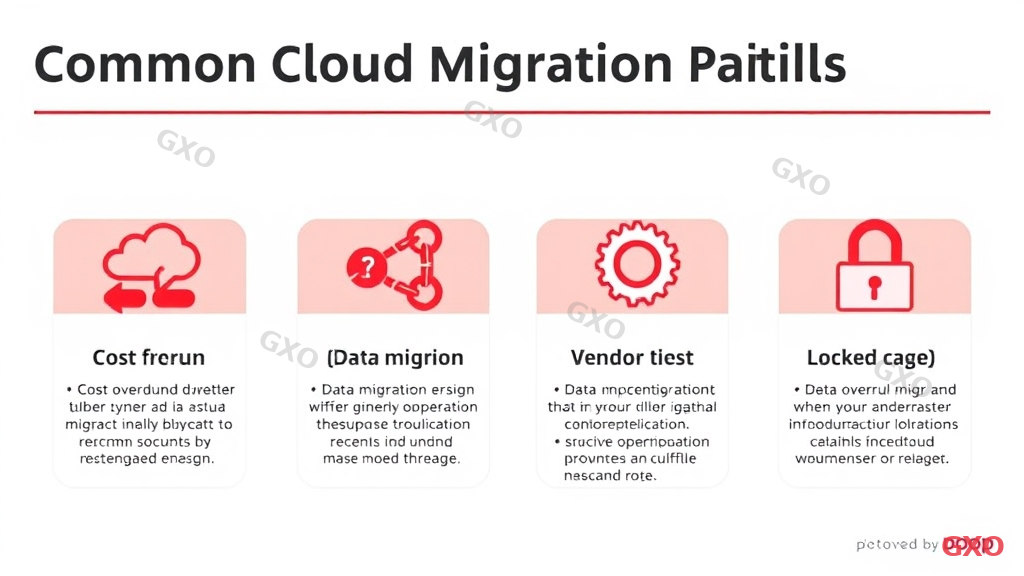 Professional infographic showing common cloud migration pitfalls as a warning checklist. Four main pitfalls displayed as caution cards: 1) Cost overrun (money flying away icon), 2) Data migration errors (broken chain icon), 3) Insufficient operation design (gear with question mark), 4) Vendor lock-in (locked cage icon). Each card has brief description and prevention tips. Red accent warnings on clean white background. Corporate risk management visual style.