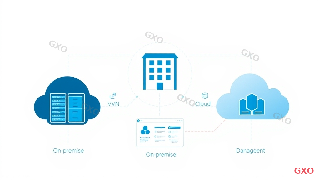 Technical diagram illustrating hybrid cloud architecture. Center shows a company building connected to both on-premise server room (left, dark blue) and cloud services (right, light blue) via secure network links. Data flow arrows show sensitive data staying on-premise while scalable workloads go to cloud. A management dashboard in the center monitors both environments. Labels identify VPN connections, API gateways, and data synchronization points. Professional architectural diagram style with clean lines.