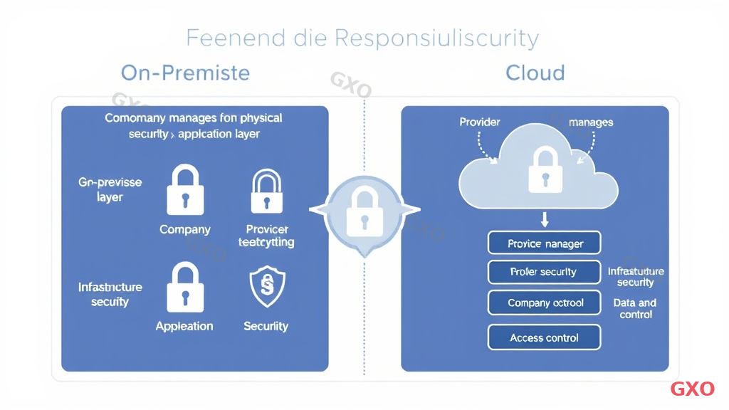 Technical diagram illustrating the shared responsibility model between on-premise and cloud security. Left column shows on-premise where company manages everything from physical security to application layer. Right column shows cloud where provider manages infrastructure security and company manages data and access control. Middle section highlights the boundary of responsibility. Uses lock icons, shield symbols, and layer diagrams. Professional navy and white color scheme with clear hierarchy.