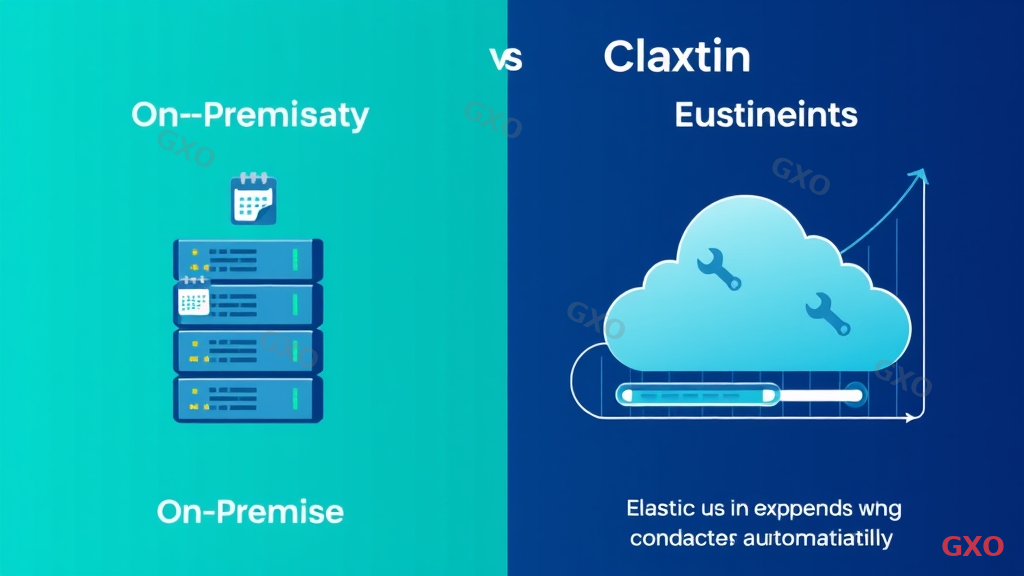 Clean modern illustration comparing scalability between on-premise and cloud. Left side shows a fixed server stack with a slow manual upgrade process indicated by calendar icons and wrench tools. Right side shows elastic cloud instances expanding and contracting automatically with a slider control. A growth chart in the background shows business demand fluctuations. Teal and navy color scheme with smooth gradients. Professional corporate illustration style.