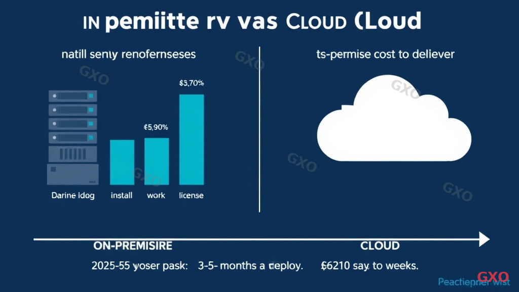 Professional infographic comparing initial costs of on-premise and cloud deployments. Left side shows stacked bar chart with server hardware purchase, network equipment, installation work, and license fees totaling a large sum. Right side shows a flat monthly subscription bar. Below, a timeline shows on-premise taking 3-6 months to deploy versus cloud taking days to weeks. Clean corporate design with navy and teal color palette, suitable for board presentation.