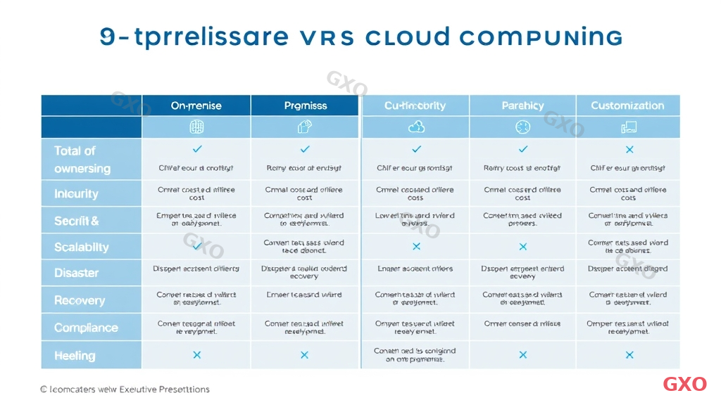 Professional infographic displaying a detailed comparison table with 7 rows comparing on-premise versus cloud computing. Columns show: initial cost, total cost of ownership, security, scalability, disaster recovery, compliance, and customization. Each cell contains simple icons and brief evaluations. On-premise column uses dark blue headers, cloud column uses light blue headers. Clean white background with subtle grid lines. Corporate presentation style suitable for executive briefing materials.