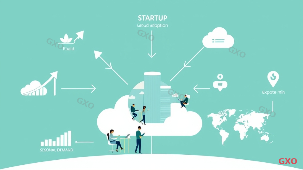 Clean modern illustration showing characteristics of companies suited for cloud adoption. Central image of a growing startup with remote workers connected via cloud. Surrounding elements include: rapid scaling arrows, seasonal demand fluctuation graph, remote work icons, global expansion map pins, and agile development cycle. Bright teal and white color scheme conveying growth and flexibility. Modern flat illustration style.