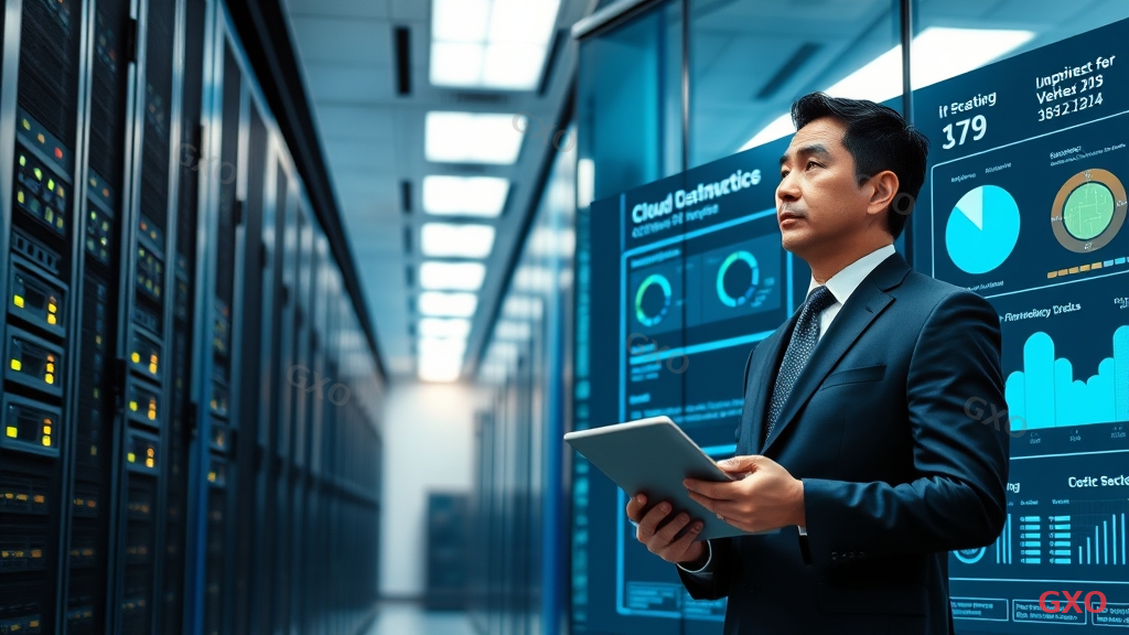 Photo-realistic image of a Japanese IT manager (male, early 40s, wearing a dark navy suit) standing in a modern server room with glass walls. On the left side, physical rack servers with blinking LED lights represent on-premise infrastructure. On the right side, a large transparent display shows cloud service dashboards with uptime metrics. Cool blue ambient lighting from server racks contrasts with warm white ceiling lights. The manager holds a tablet comparing costs, looking thoughtful. Professional corporate atmosphere emphasizing technology decision-making and digital transformation strategy.