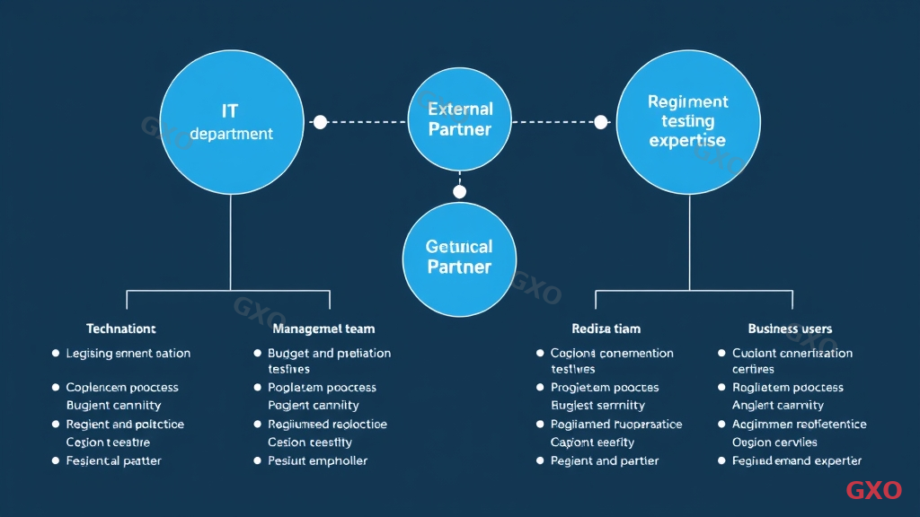 Clean modern illustration showing organizational structure for cloud migration project. Three main roles shown as connected circles: IT department (technical lead), management team (budget and decision authority), and business users (requirements and testing). A fourth circle shows external partner for specialized expertise. Dotted lines show communication flows between roles. Each role has 2-3 key responsibilities listed below. Professional org chart style with blue and gray tones.